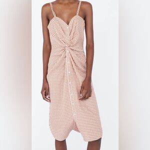 Midi Dress Women L Rosado/White Gingham Knot Front Sleeveless V-Neck